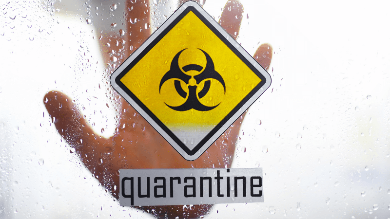 Glass wall with quarantine sticker on it and hand pressed up against the glass from the other side