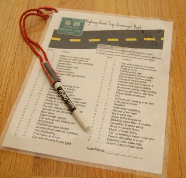Printable road trip scavenger hunt with a pen attached by yarn