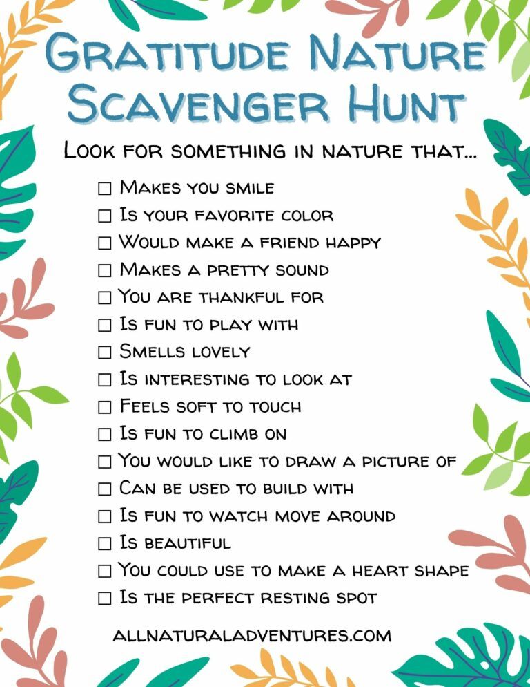 (Gratitude Activities for Kids) Title says Gratitude Nature Scavenger Hunt with a list of items to find.