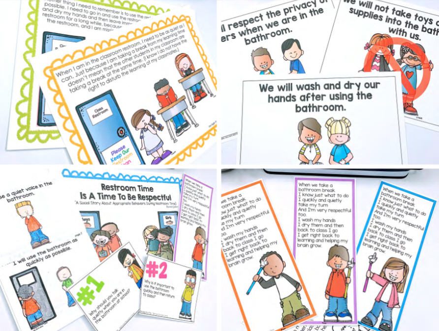 Printable pages from lessons on bathroom social skills (School Bathroom Etiquette)