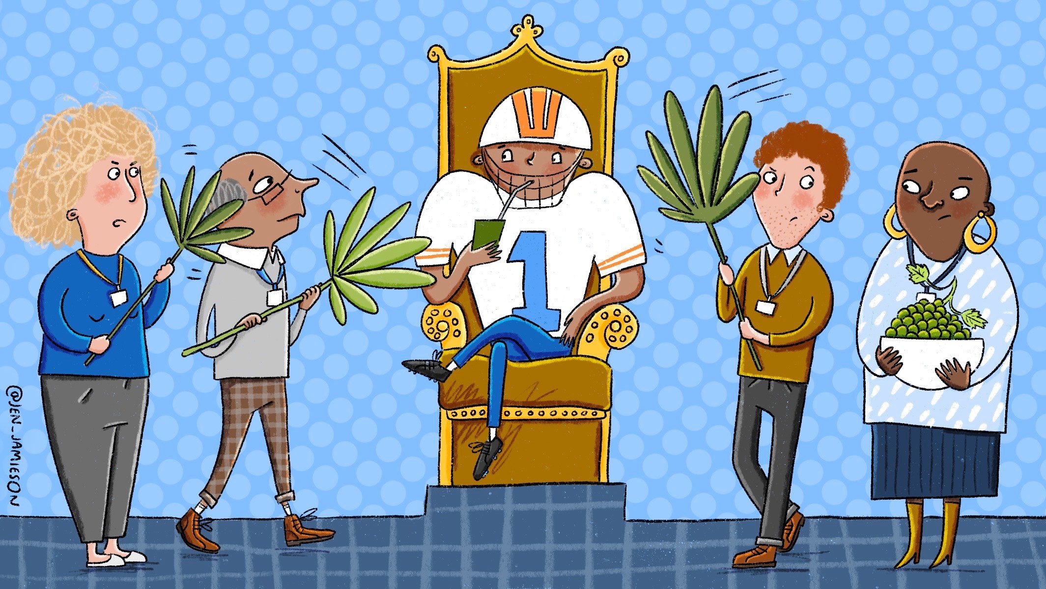 Illustration of football player being fanned by teachers