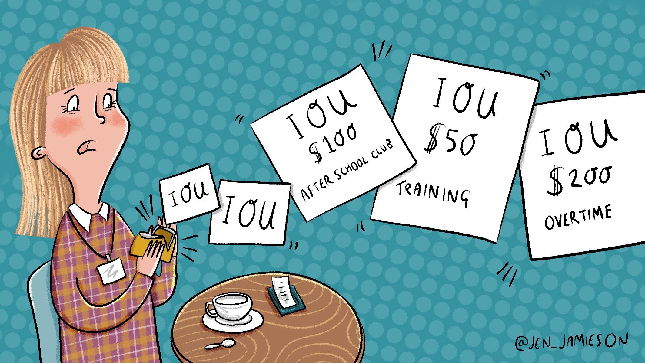 Illustration of teacher with IOUs