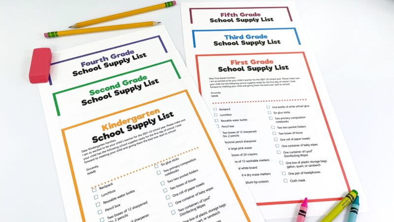 Array of school supply lists