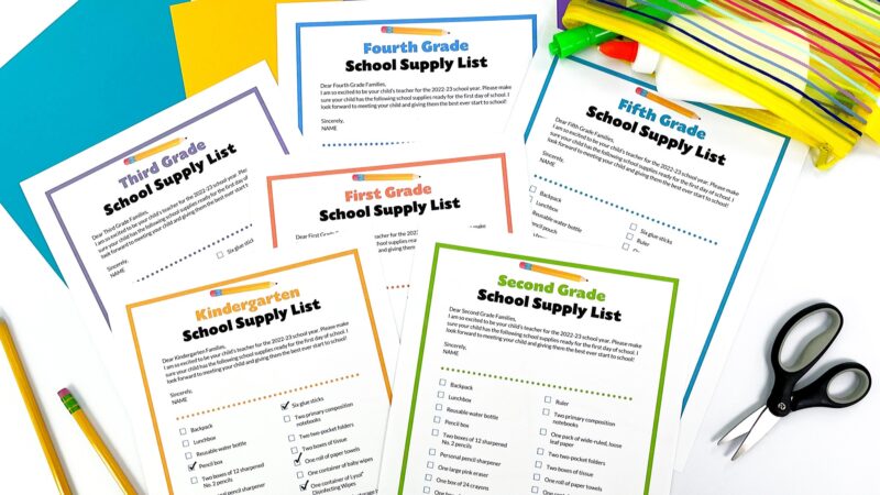 K-5 school supply lists on a colored background