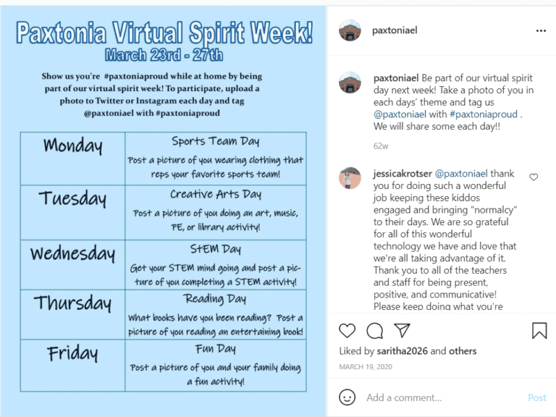 Blue school calendar with table sharing virtual spirit week schedule