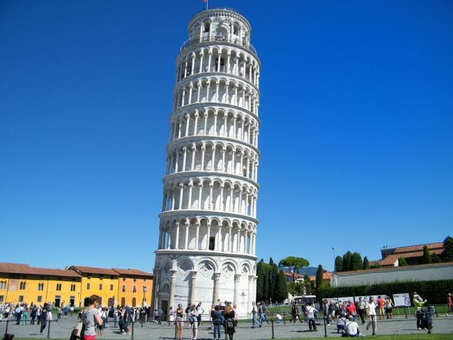 Leaning Tower of Pisa and the square around it, against a blue sky