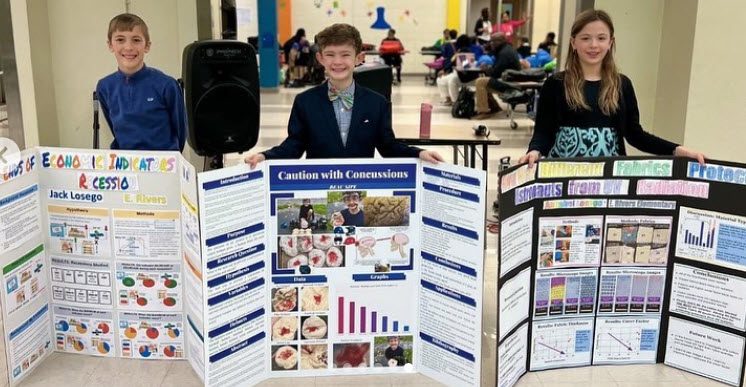 Students standing with their science fair project ideas boards