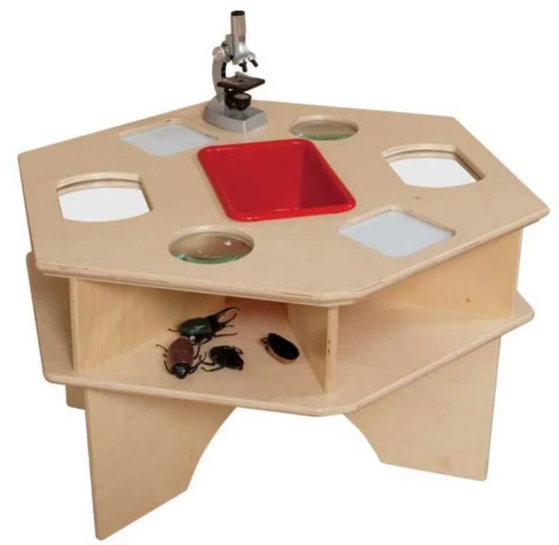Wooden science activity table with storage bin, magnifying glasses and whiteboards