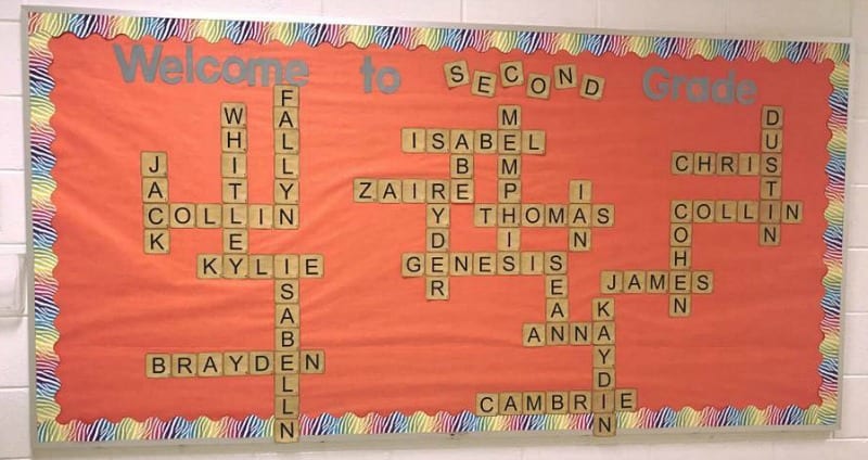 Bulletin board with student names laid out like Scrabble tiles