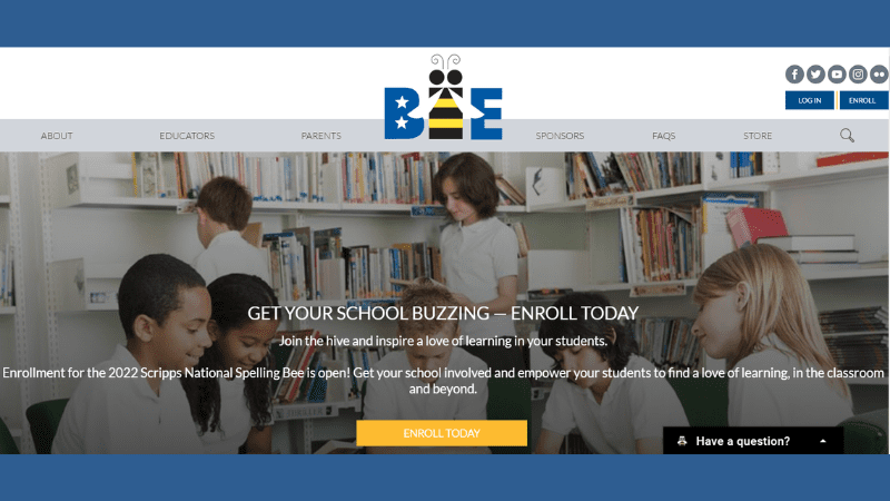 Screen shot of the National Spelling Bee Enroll Your School page