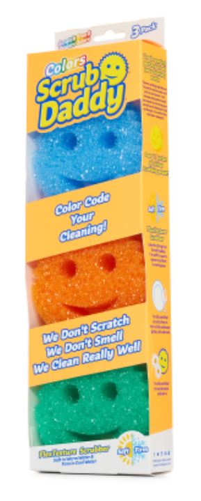 Three pack of colorful smiley face Scrub Daddy sponges