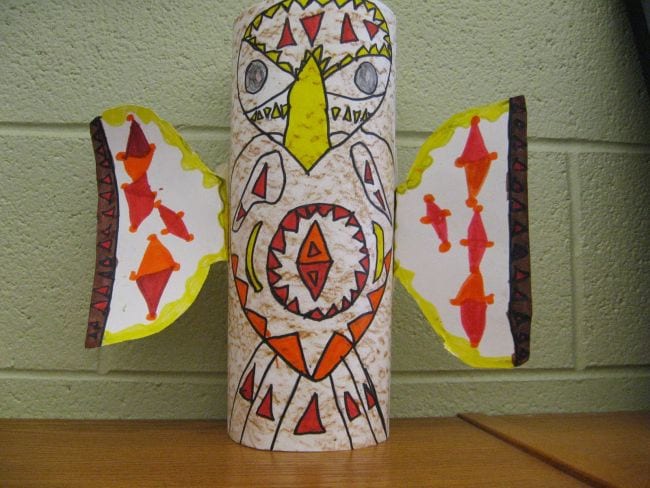 Paper totem pole of an owl (Second Grade Art)