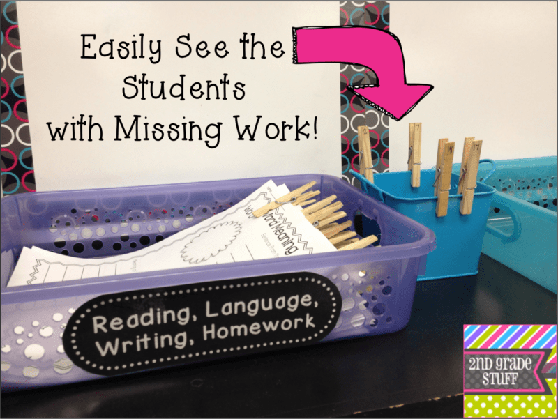 Organization with clothespins for missing assignment work in classroom.