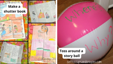 Second grade reading comprehension activities including "Toss around a story ball" with a beach ball that says, "Were" and "Why" and "Make a shutter book" with a folded paper book illustrated by a student