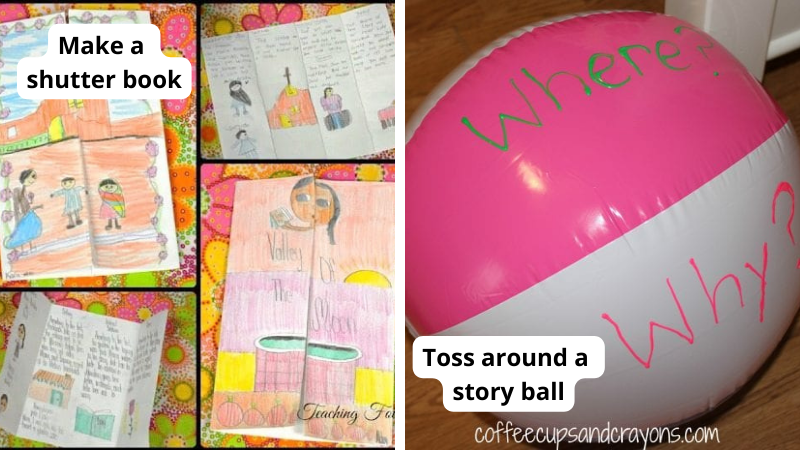 Reading comprehension activities for teaching 2nd grade including "Toss around a story ball" with a beach ball that says, "Were" and "Why" and "Make a shutter book" with a folded paper book illustrated by a student