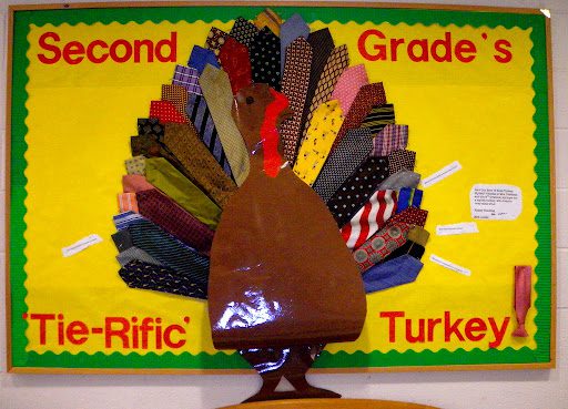 Bulletin board with "second grade's tie-rific turkey!" written on it