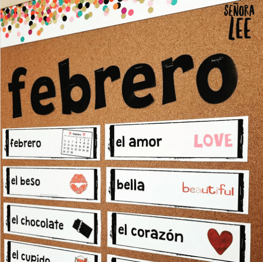 a word wall written in Spanish under the heading Febrero