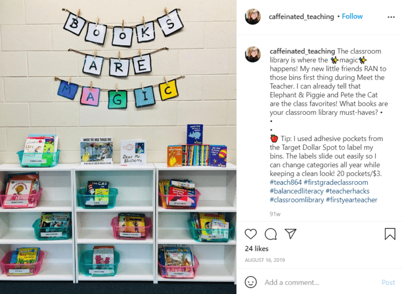 Still of set up your classroom library by rotating your book bins to stay fresh from Instagram--Classroom Learning Spaces