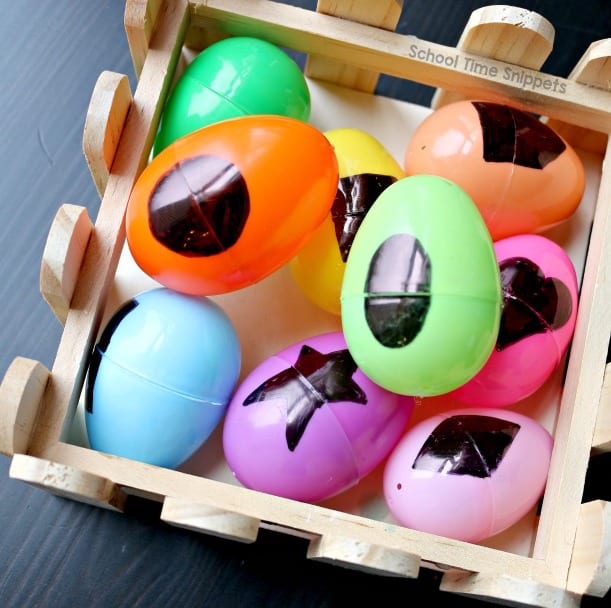 Plastic Easter eggs with shapes drawn across both halves (Easter Egg Activities)