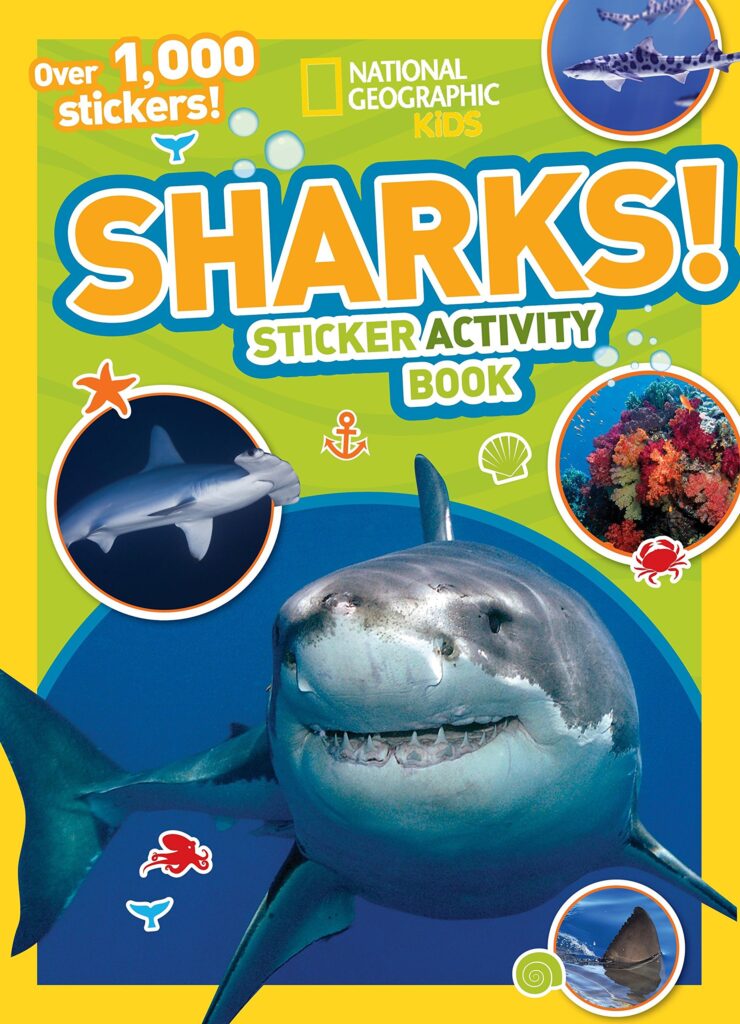 Book cover of Sharks! Sticker Activity Book by National Geographic Kids with photos of various types of sharks