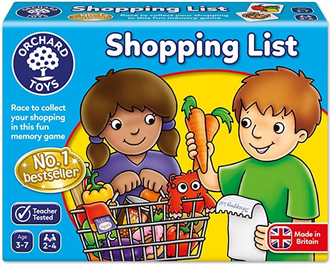 Box for Shopping List Memory Games with two children and grocery cart full of food items as an example of best preschool card games and board games for the classroom