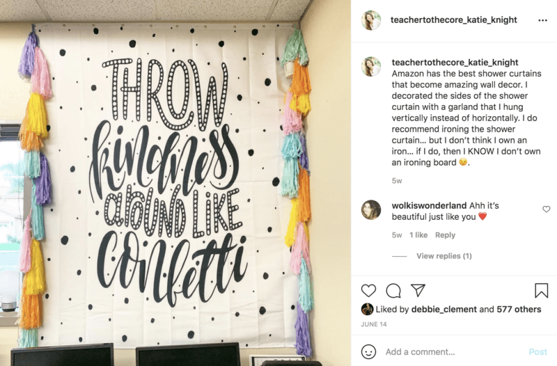 use shower curtain as classroom decor Instagram hack
