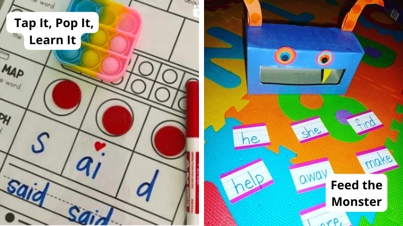 Sight word activities featuring Tap It, Pop It, Learn It and Feed the Monster