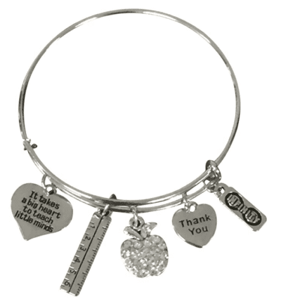 Silver teacher bracelet with apple, heart, and ruler charms