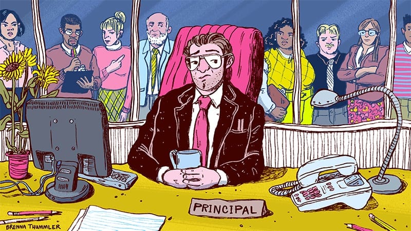illustration of principal surrounded by teachers shaking their heads