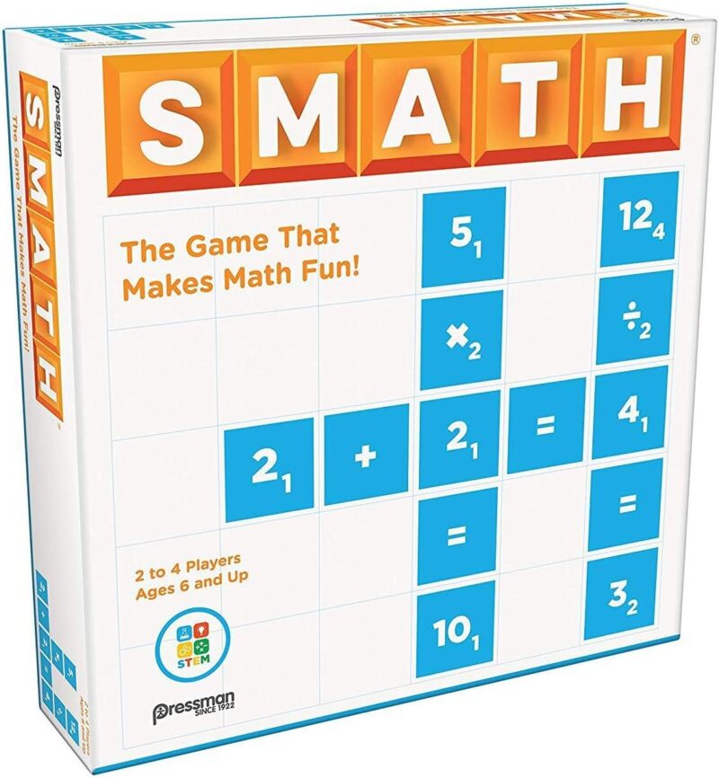 Un cuadro blanco dice SMATH en la parte superior.  Muestra el estilo de crucigrama de ecuaciones matemáticas (juegos de mesa de matemáticas).