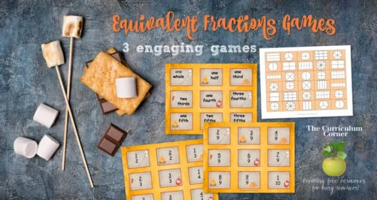 equivalent fractions game worksheet with smores ingredients on a table