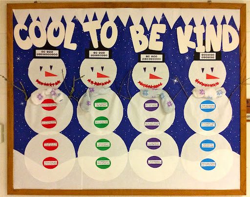 Board of snowmen and words "cool to be kind"- december bulletin boards