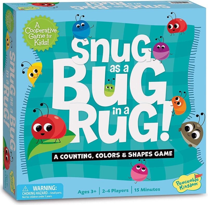 A teal box says Snug as a Bug in a Rug and has cartoon bugs on it.