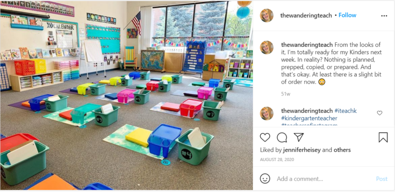 Colorful yoga mats in kindergarten classroom with plastic tray desks and organizers