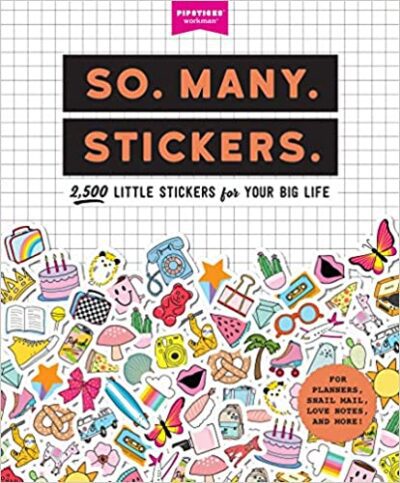A cover shows a grid that has So Many Stickers on it in orange text on a black background.  The bottom of the cover has a bunch of different stickers on it.