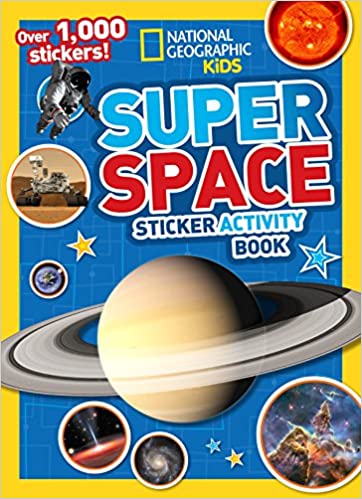 A book with a blue background has planets on it and says SPACE Sticker Activity Book. (best sticker books)
