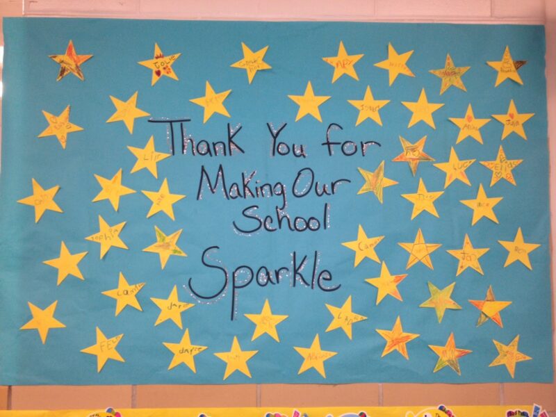 A blue background has yellow stars with student names in them. Text reads Thank you for making our school sparkle.