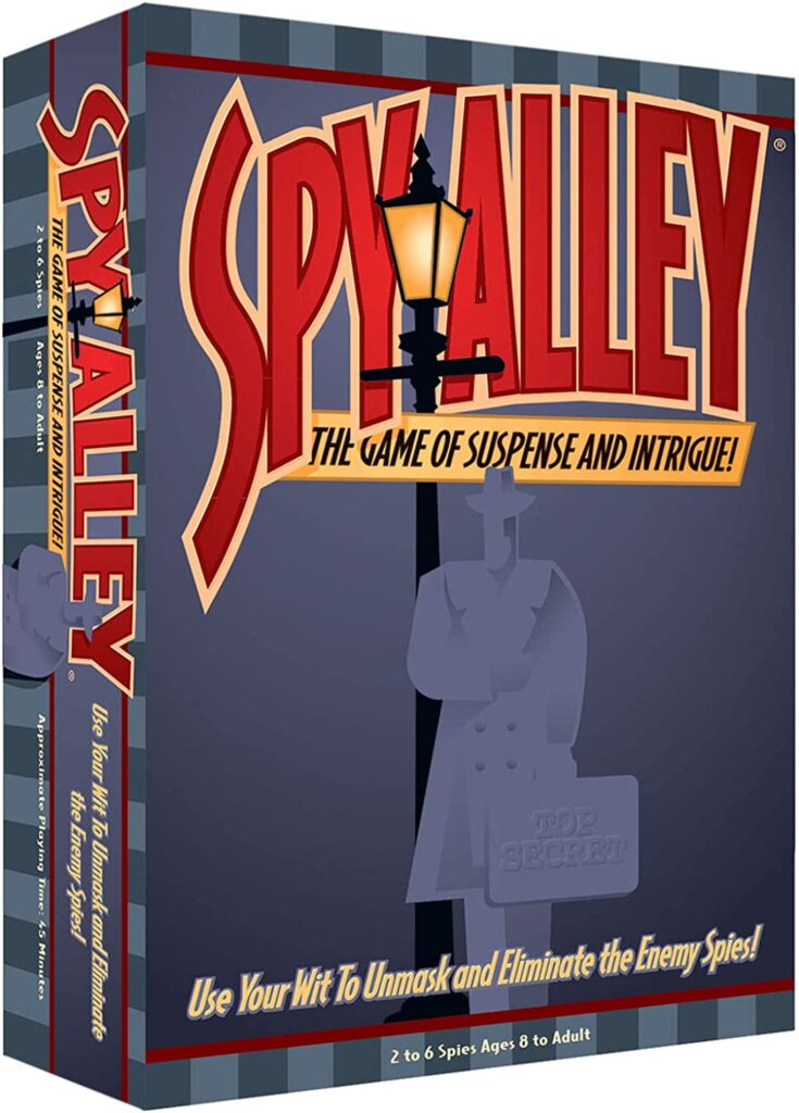 A box says Spy Alley in big red letters and has a silhouette of a person on it. (educational board games)