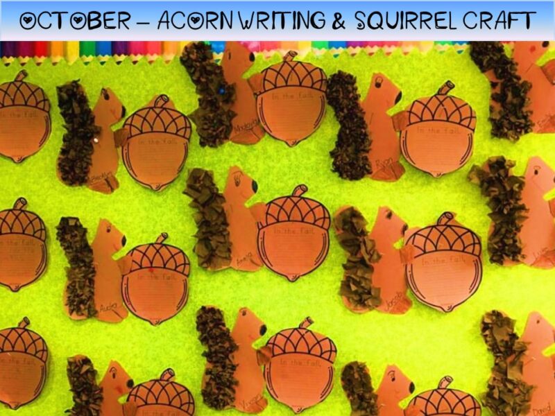 A bulletin board is shown with a neon green background. Little brown squirrels with 3-D bushy tails are shown holding acorns that have the writing prompt, 