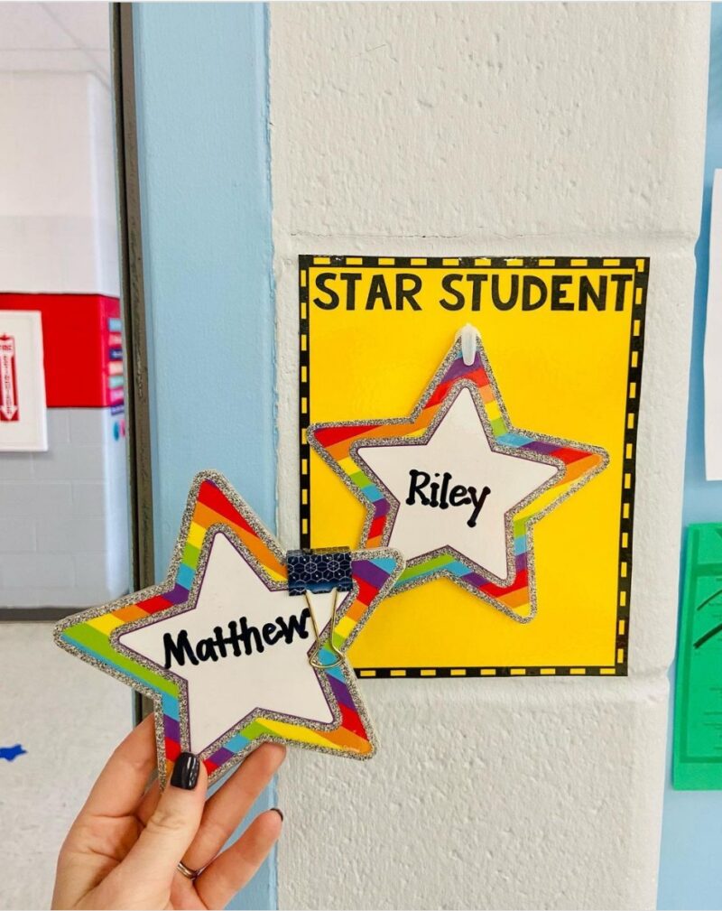 Star Student of the Day bulletin board with names Riley and Matthew