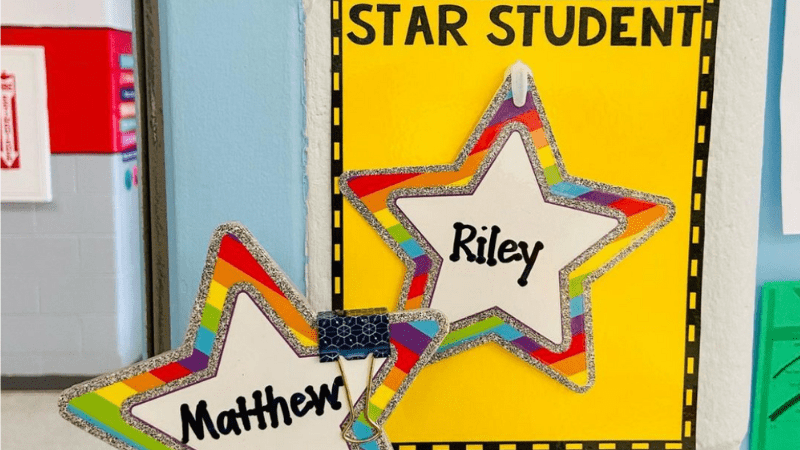 Star student bulletin board with names Riley and Matthew