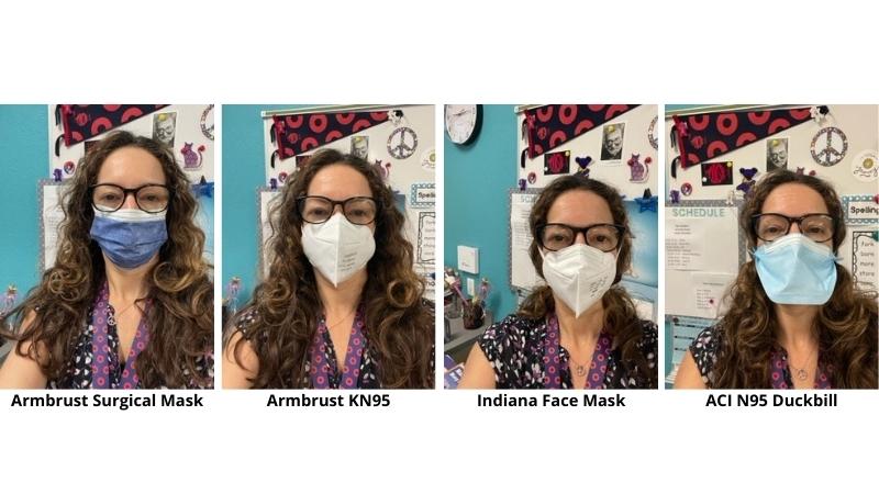 Collage of teacher with long brown hair wearing different types of face masks