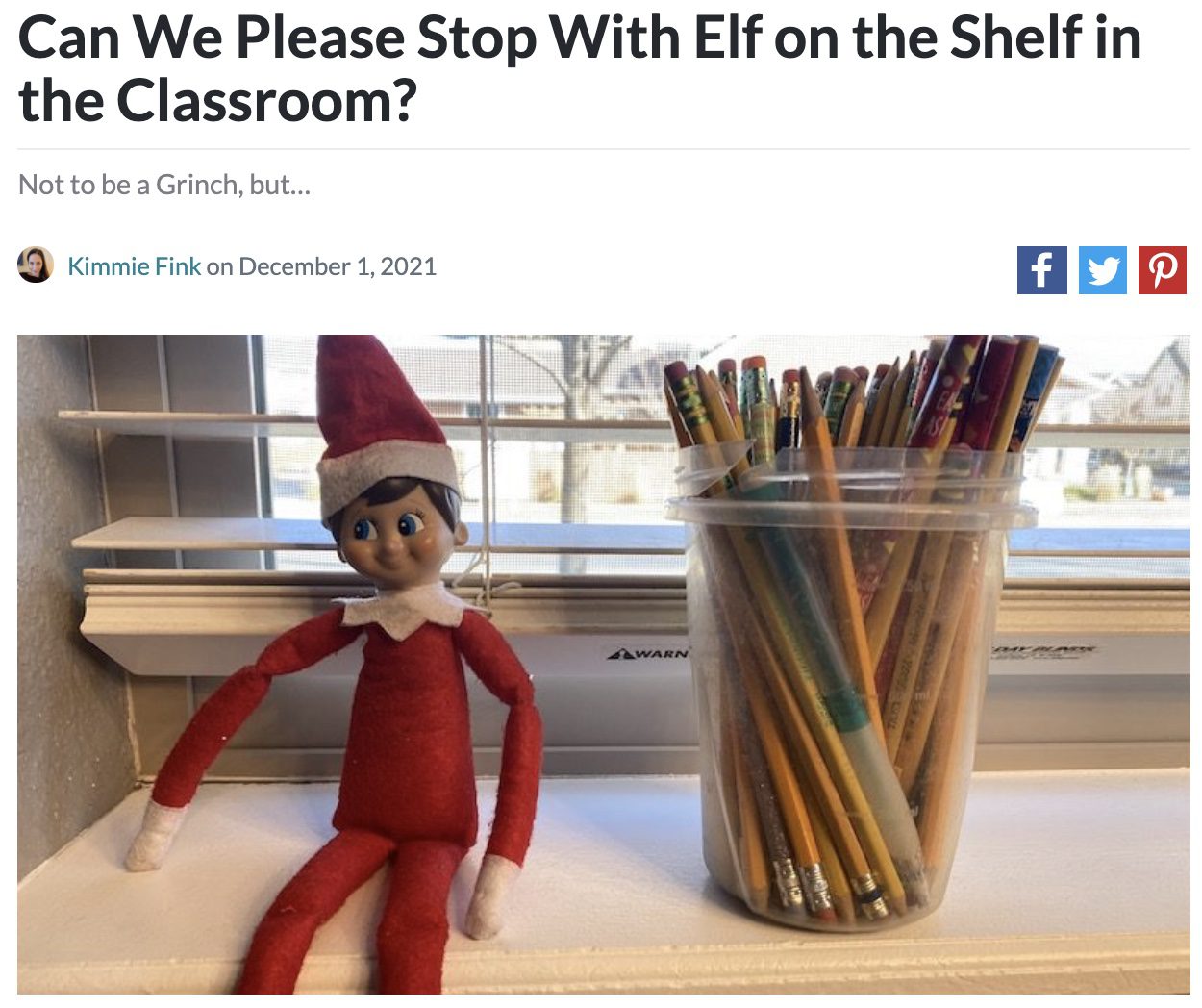 Screencap of an article about elf on the shelf in class