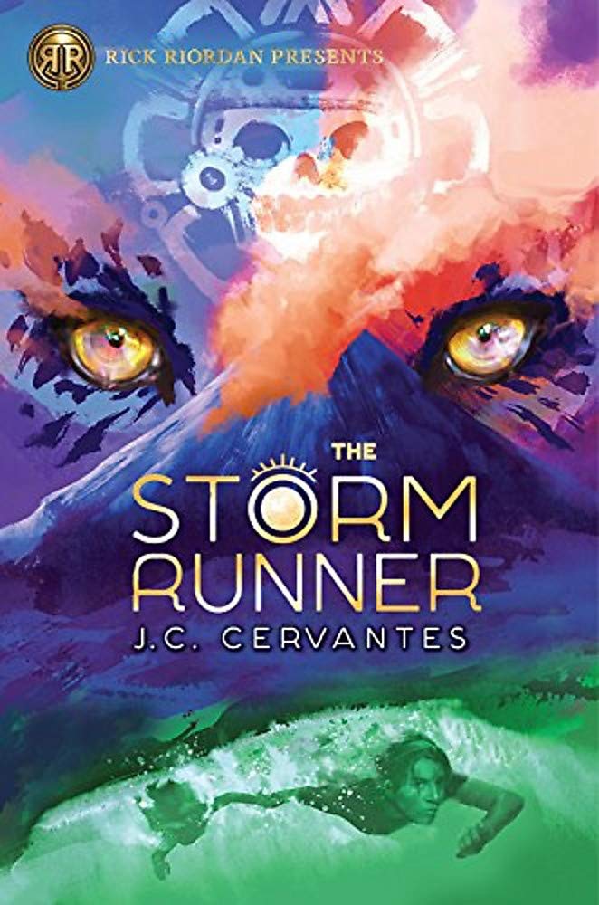 JC Cervantes'in Fırtına Koşucusu kitabının kapağı, çocuklar için İspanyol Miras Ayı kitaplarına bir örnek olarak gözleri dağlara bakan bir fırtınayı tasvir ediyor.
