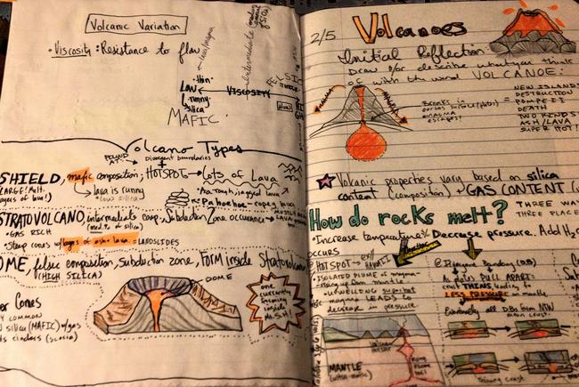 Sample pages in student notebook with notes about volcanos to use to develop study skills