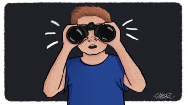 Student using binoculars on black background