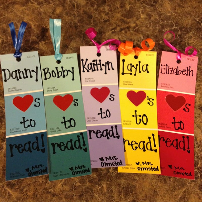 Bookmark for student gift made with colored paint samples, end of year gift for students