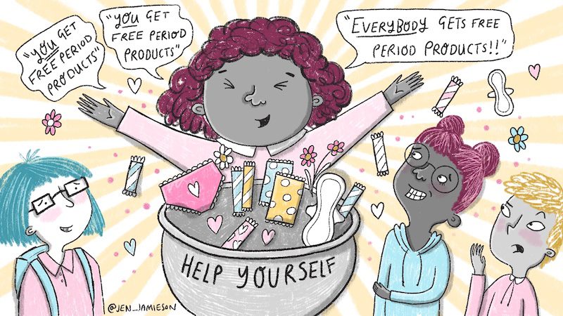 Color illustration of teacher with period products saying You get free period products! to three embarrassed students
