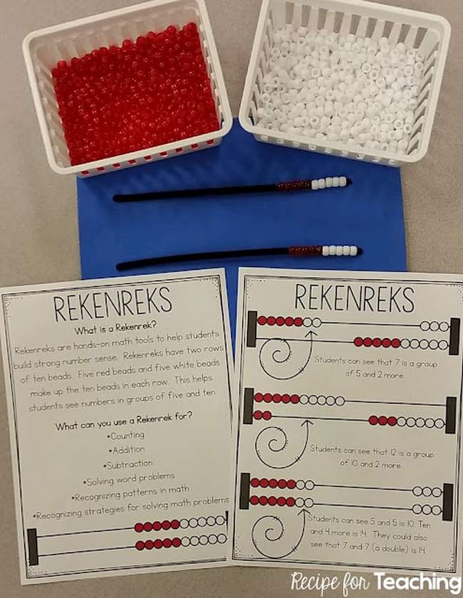 Homemade rekenrek math tools with colored beads and pipe cleaners, along with worksheets describing their use