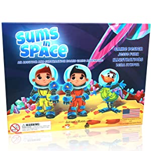 Cartoon astronauts are shown on a board game cover and it says "sums in space" (math board games)
